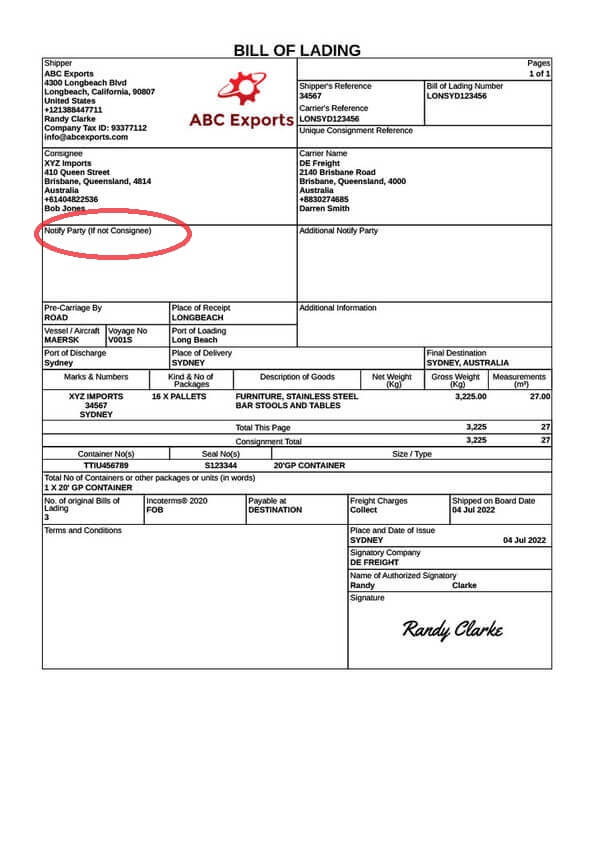 Notify party in bill of lading